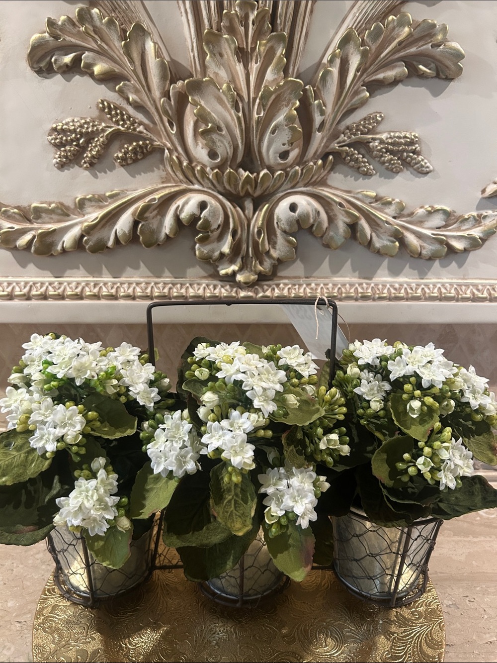 NWT Decorative White Kalanchoe Trio in Wire Buckets -